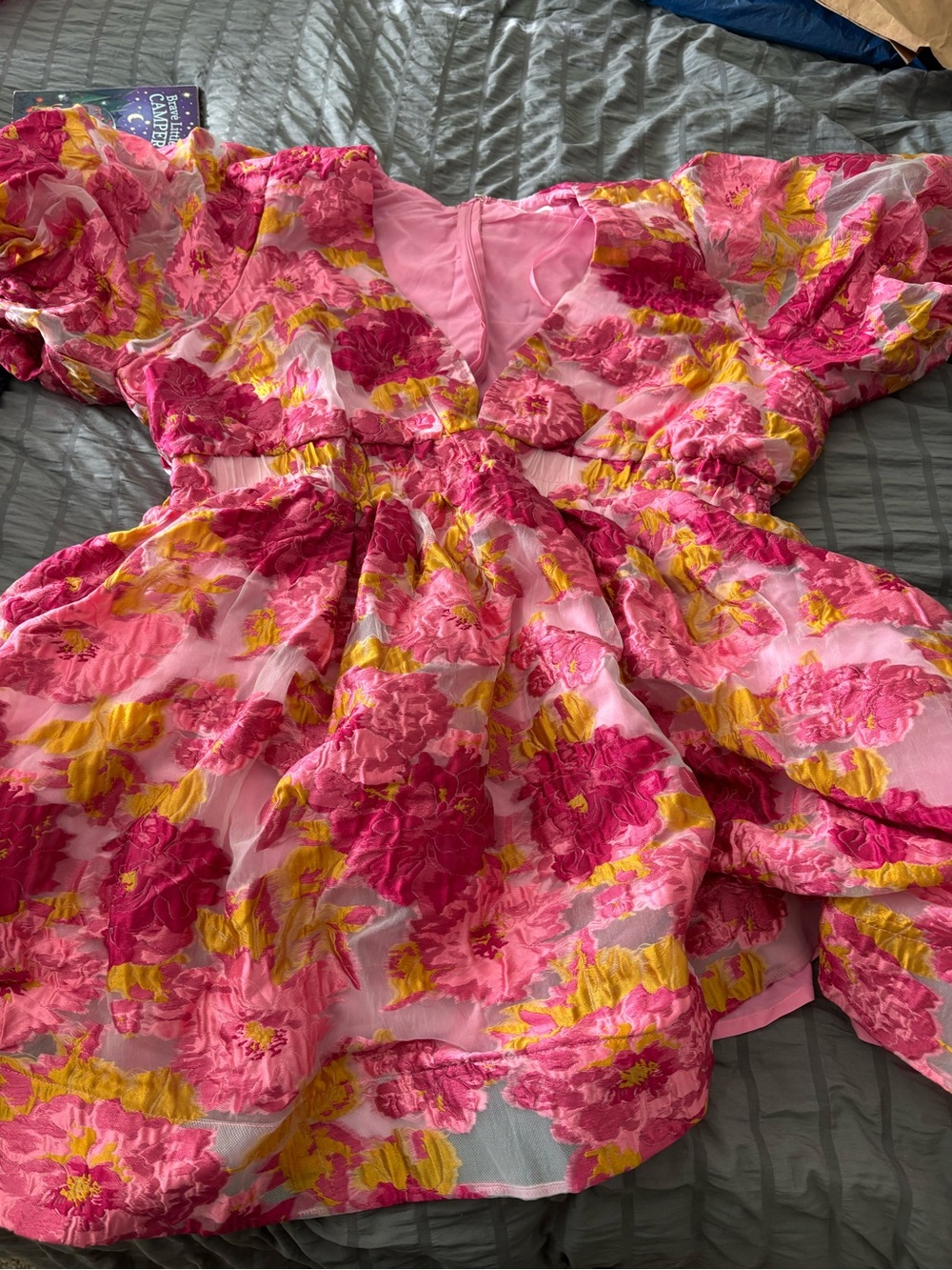 Girls' Pink Floral Puff-Sleeve Dress Top